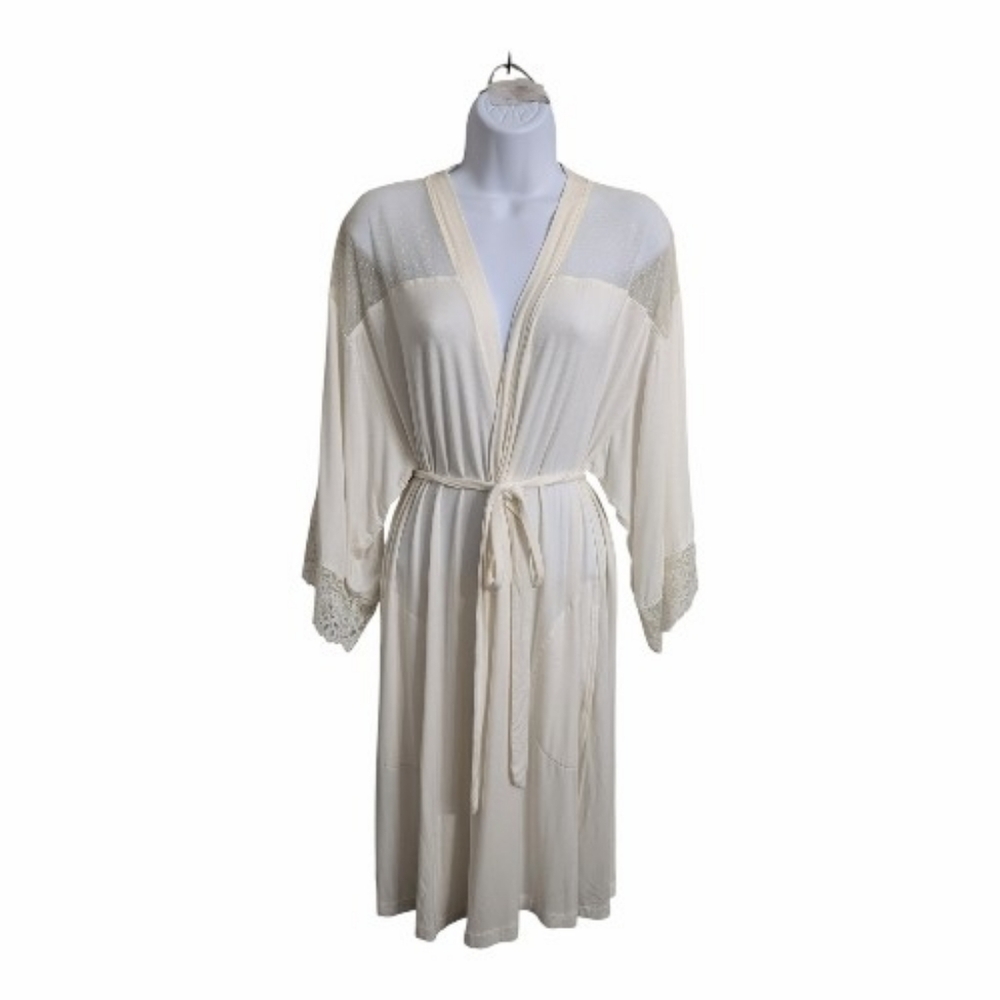 Soma Ivory White Kimono Short Robe Mesh Upper Part Tie Waist Pajamas Soft S/M